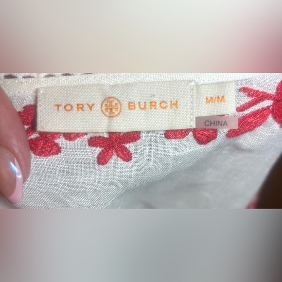 Tory Burch Linen Tunic Top M White Red Embroidered Boho Cover Up - Picture 7 of 7